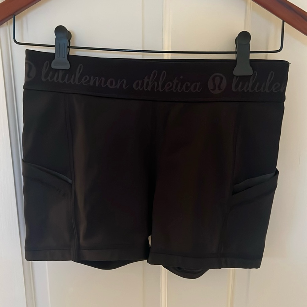 Lululemon shorts with wide band, Lululemon athletica script on wide waist band